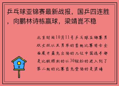 乒乓球亚锦赛最新战报，国乒四连胜，向鹏林诗栋赢球，梁靖崑不稳