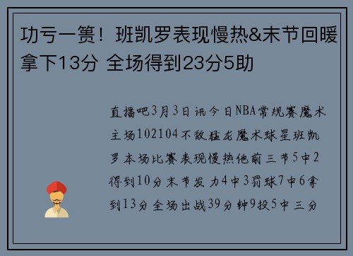 功亏一篑！班凯罗表现慢热&末节回暖拿下13分 全场得到23分5助