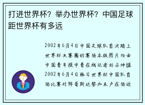 打进世界杯？举办世界杯？中国足球距世界杯有多远
